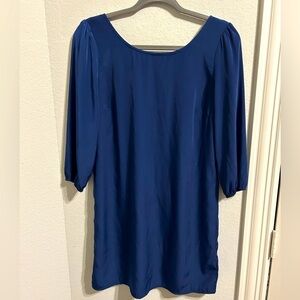 OVERSIZED Navy blue silky shift dress, 3/4 sleeve, Women sz Small zip up dress,